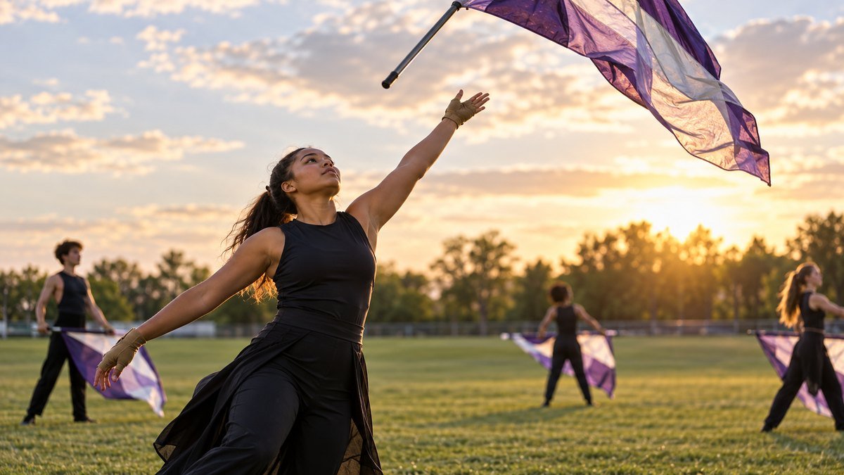 Color guard performers practicing a coordinated routine