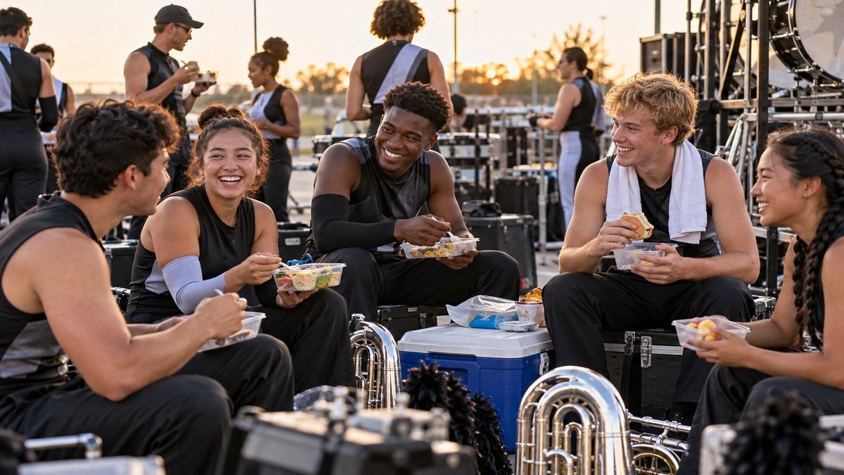 Drum corps members connecting as a community