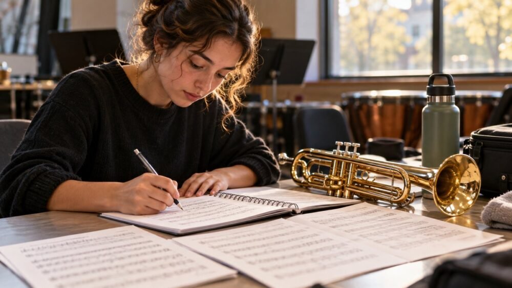 Drum corps performers rehearsing together as a group