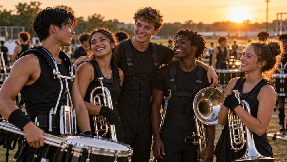 Drum corps members sharing a group moment