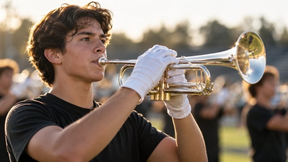 Drum corps performers working together as a team