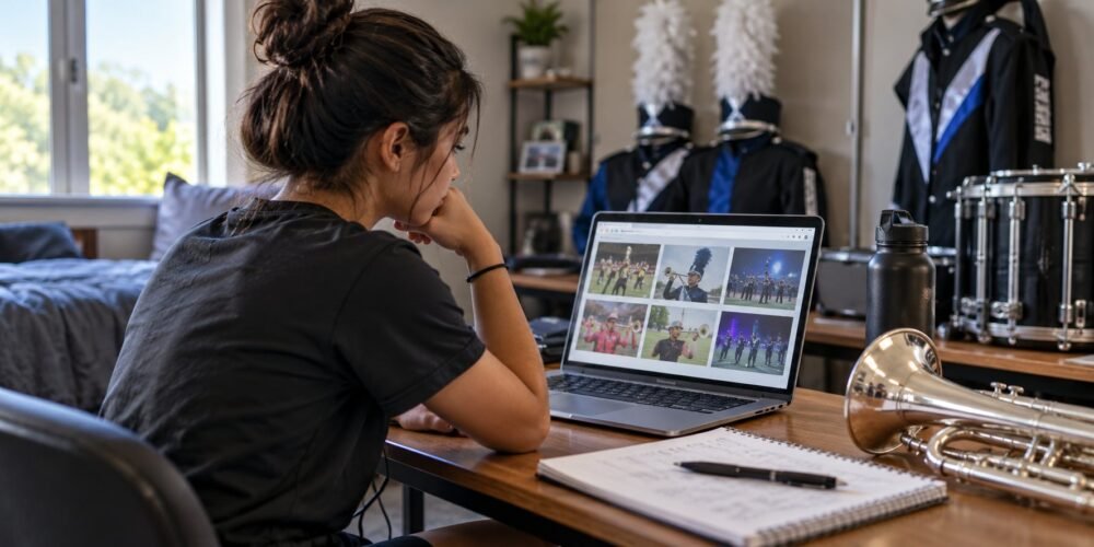 A prospective member compares drum corps programs on a laptop beside a notebook and instrument; screen is generic and unreadable.