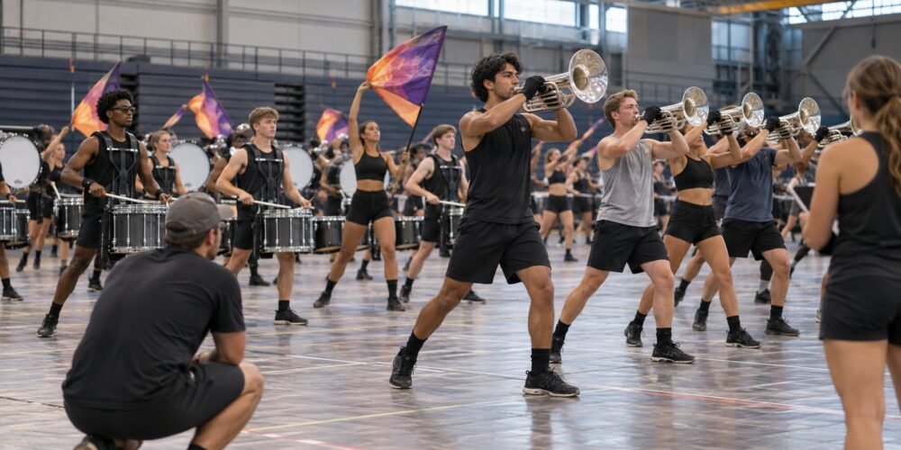 A drum corps ensemble rehearses in an indoor gym, with brass, percussion and color guard sections practicing together.