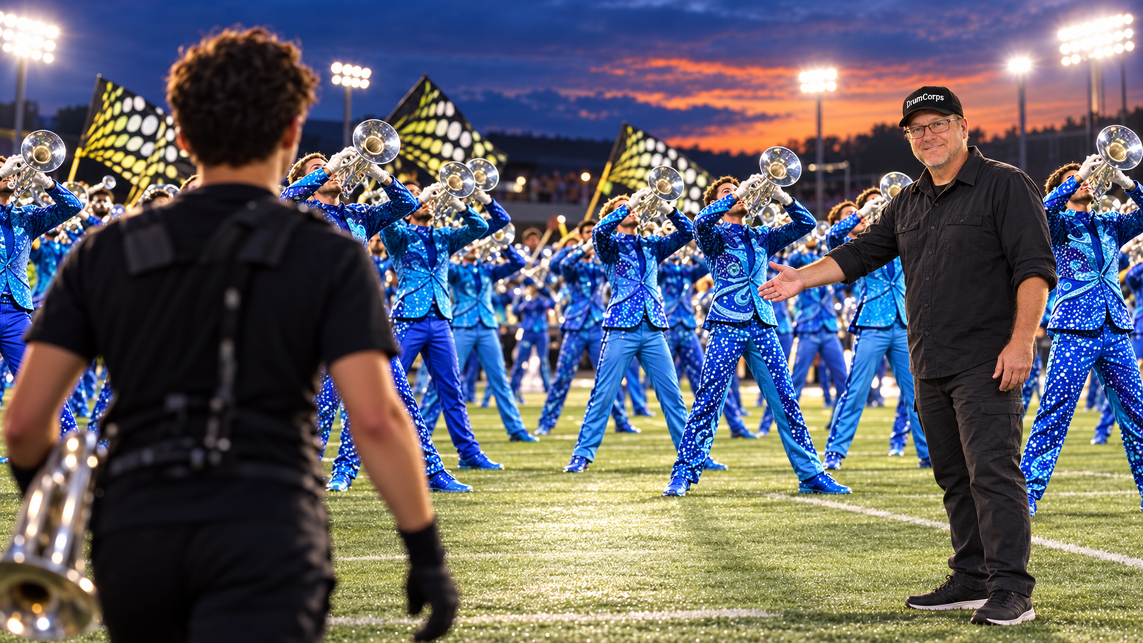 A new marcher approaches a drum corps formation as an instructor welcomes them under stadium lights.