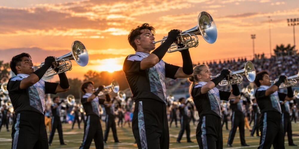 A brass line performs on a field at sunset, with a distant audience and other members visible.