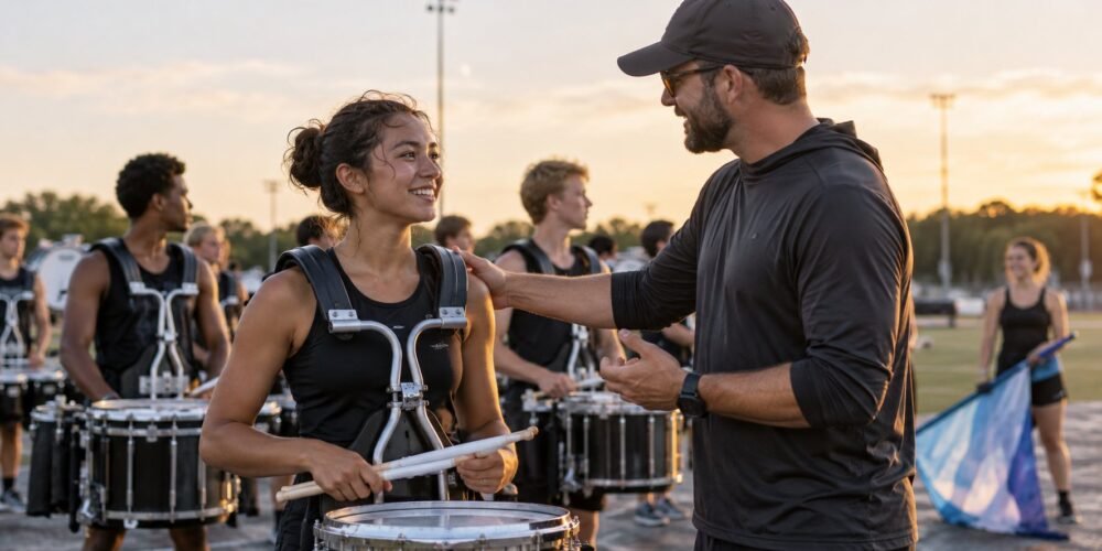 A drum corps instructor gives supportive feedback to a percussionist after rehearsal on an outdoor field.