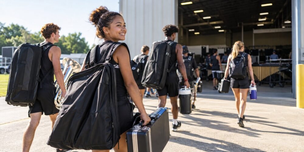 Drum corps performers carry instrument cases and bags toward a rehearsal facility in the morning.