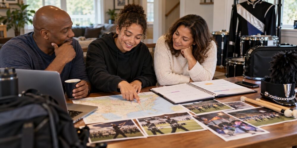 A prospective drum corps member and family review a travel map and calendar together at home while planning for a season.